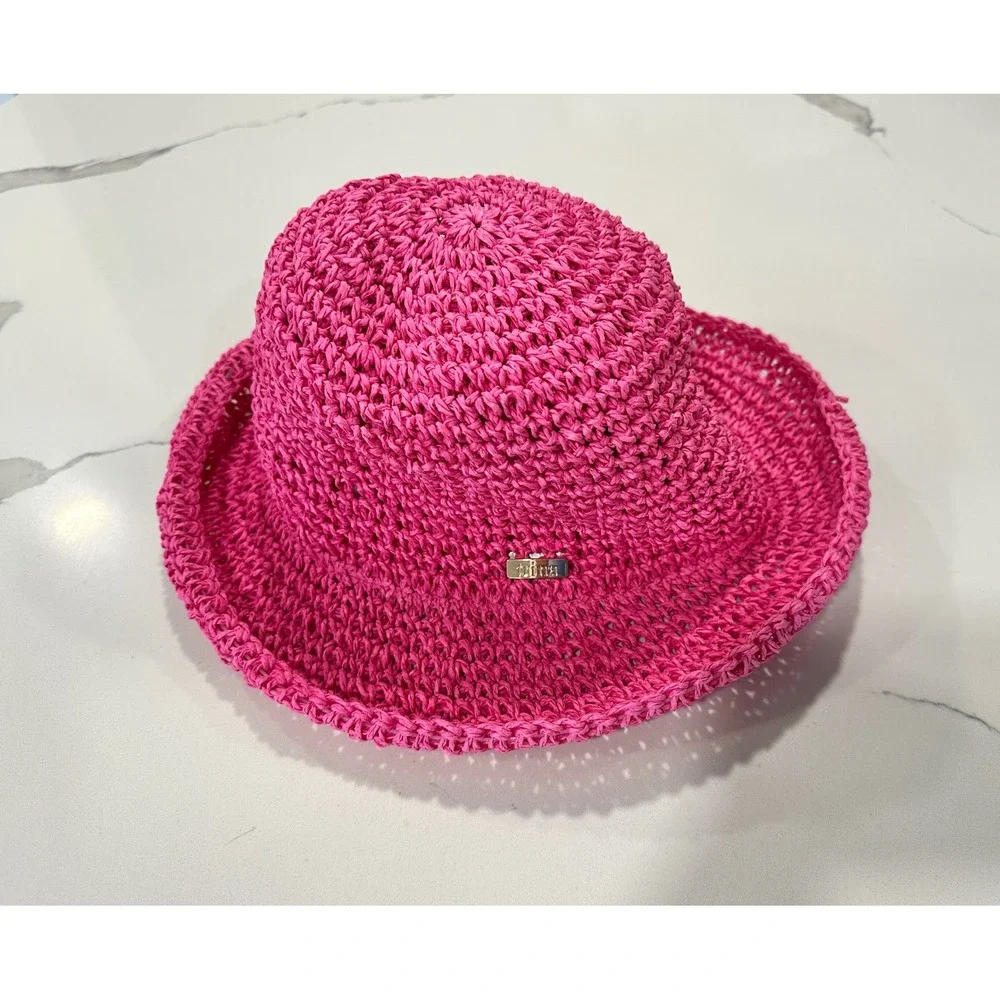 Trina Turk Womens Hot Pink Paper Straw Crochet Bucket Hat Summer Beach Sun Hat